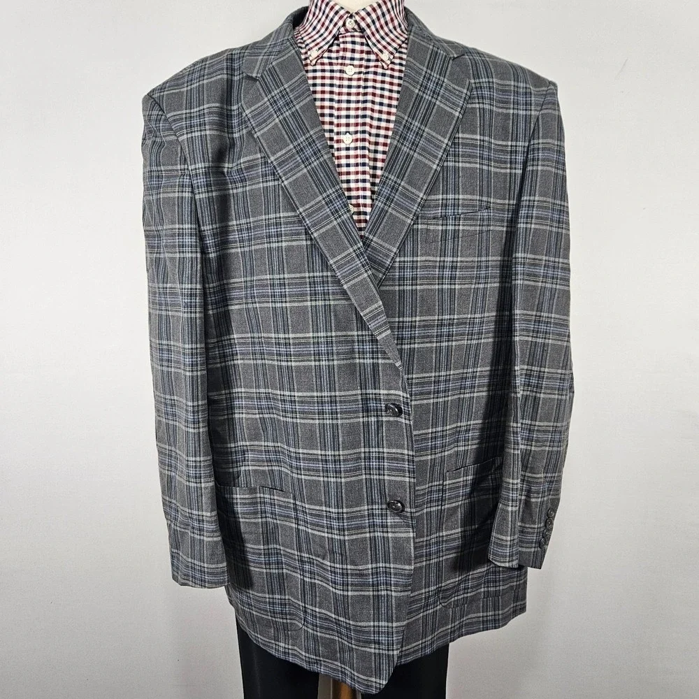 Oak Hill Men's Sport Coat Blazer Two Button Gray Plaid Linen Blend Size 3XLT